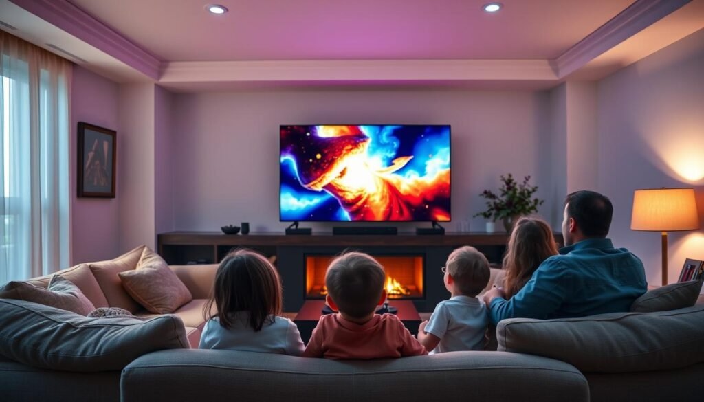 A serene family living room with a large TV screen displaying a vibrant 4K IPTV service by Hoxtoon Provider. Soft lighting illuminates plush sofas and a cozy fireplace, creating a warm, inviting atmosphere. Children and parents are engaged, their faces lit by the vivid, high-resolution images on the screen, immersed in a world of entertainment and relaxation. The room exudes a sense of comfort and togetherness, highlighting the perfect harmony of 4K IPTV technology and family entertainment.