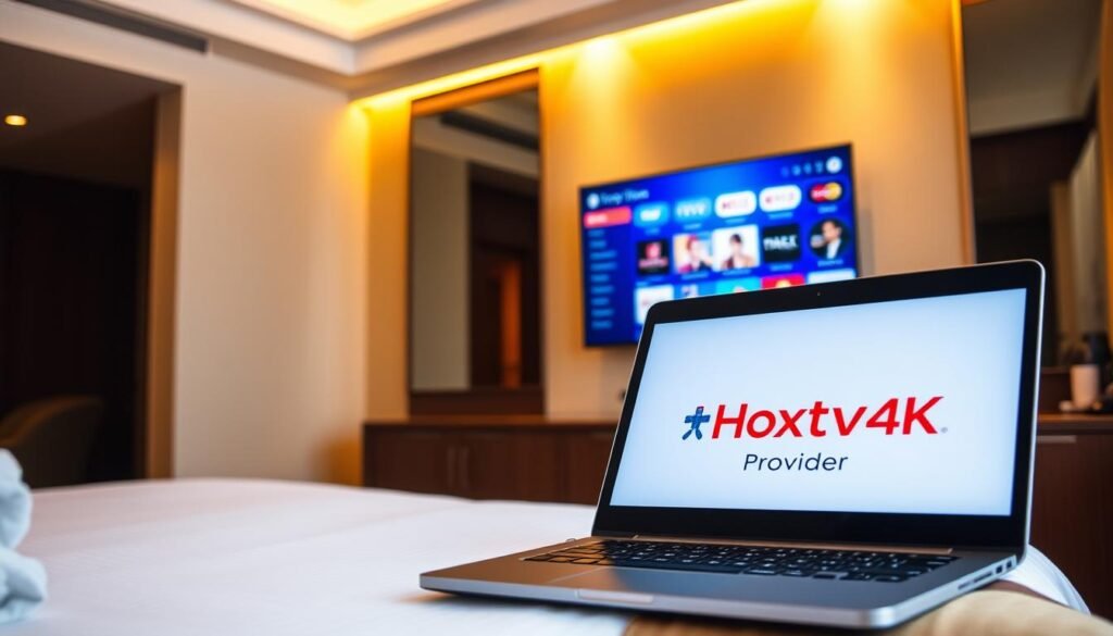 A serene hotel room with a large flat-screen TV mounted on the wall, showcasing the vibrant IPTV4K Live interface. The room is bathed in warm, golden lighting, creating a cozy and inviting atmosphere. In the foreground, a laptop or tablet is open, displaying the Hoxtoon Provider logo, indicating the seamless connectivity and accessibility of the IPTV4K service. The scene conveys the ease and convenience of accessing a vast array of live TV channels and on-demand content while on the go, elevating the travel experience for the discerning viewer.