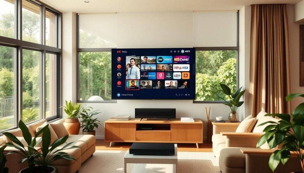 A serene living room with a large 4K HDTV displaying a Hoxtoon Provider IPTV interface, showcasing its crystal-clear 4K resolution, smooth frame rates, and vibrant colors. The room is bathed in warm, natural lighting from large windows, creating a cozy and inviting atmosphere. In the foreground, a sleek, modern media center houses the IPTV device, surrounded by plants and minimalist decor, highlighting the seamless integration of technology and home design. The middle ground features a comfortable sofa and armchair, inviting viewers to sit back and immerse themselves in the exceptional IPTV4K live streaming experience. The background depicts a lush, verdant outdoor scene, emphasizing the tranquility and comfort of the indoor setting.