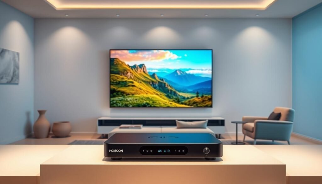 A serene living room with a large 4K IPTV screen dominating the center, showcasing a vivid landscape scene. The room is illuminated by soft, diffused lighting, creating a warm and inviting atmosphere. In the foreground, a Hoxtoon Provider-branded streaming device sits atop a sleek, modern entertainment console, symbolizing the seamless integration of 4K IPTV technology. The middle ground features a cozy sofa and armchair, suggesting the ideal setting for an immersive viewing experience. The background displays a subtle, minimalist design, allowing the 4K IPTV screen to be the focal point. The overall scene conveys the effortless enjoyment of 4K live IPTV streaming, free from common challenges like buffering or low image quality.