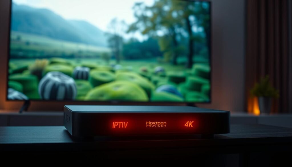 A sleek 4K IPTV set-top box sits atop a dark, minimalist entertainment center. Its glowing LED display casts a warm glow, hinting at the high-quality video it can deliver. In the background, a large 4K television screen displays a vivid nature scene, showcasing the exceptional image quality. The room is bathed in soft, indirect lighting, creating a cozy, cinematic atmosphere. The Hoxtoon Provider logo is subtly visible on the device, indicating its capabilities. This scene represents the evolution of IPTV services, offering a premium, immersive viewing experience.