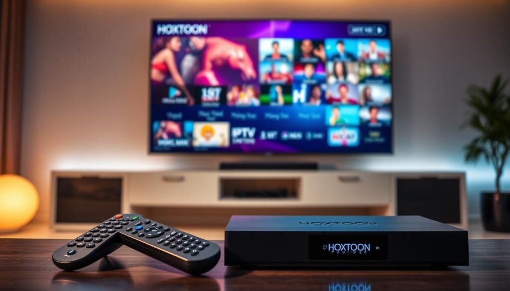 A sleek 4K IPTV system with the Hoxtoon Provider brand prominently displayed. The setup features a modern TV screen showcasing vibrant, high-definition live television channels. In the foreground, a premium remote control and a state-of-the-art set-top box are neatly arranged, highlighting the advanced technology powering the IPTV experience. The middle ground depicts a minimalist entertainment center, blending seamlessly with the living room's elegant decor. In the background, subtle lighting casts a warm, inviting glow, creating a cozy atmosphere perfect for enjoying the latest 4K IPTV content.