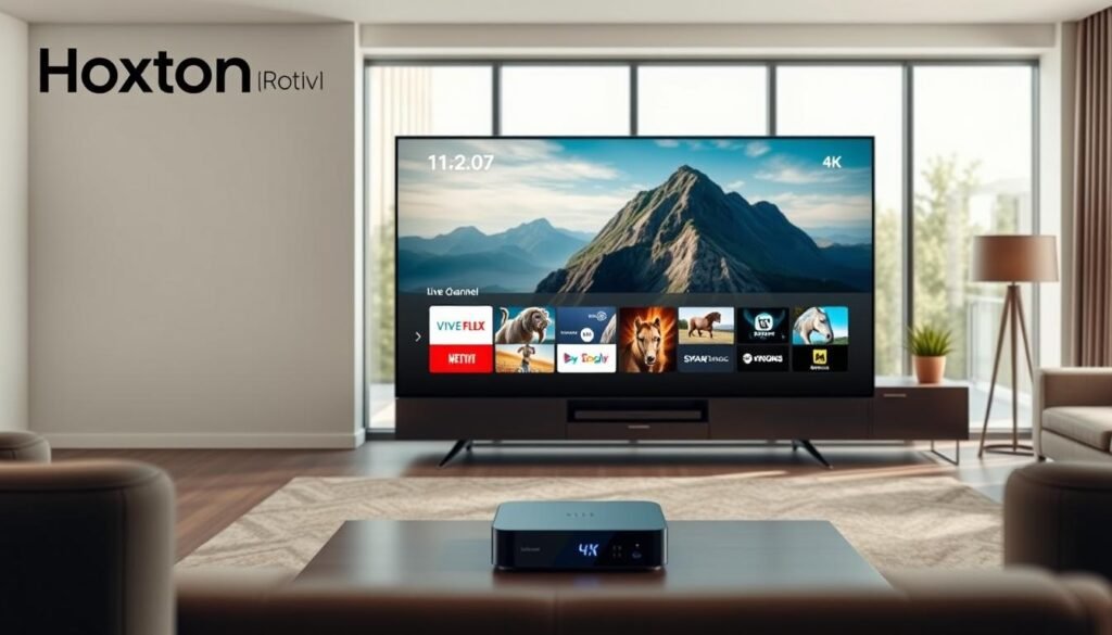 A sleek and modern 4K IPTV service interface, showcasing the Hoxtoon Provider brand. A minimalist home screen displays a clean grid of live channel thumbnails, with a sophisticated user experience that seamlessly transitions between high-definition content. In the foreground, a high-quality television set stands prominently, its screen displaying a captivating nature documentary in stunning 4K resolution. The middle ground features a modern media console, housing the IPTV set-top box and other integrated smart home devices. The background depicts a stylish living room, with large windows allowing natural light to flood the space, creating a warm and inviting atmosphere.