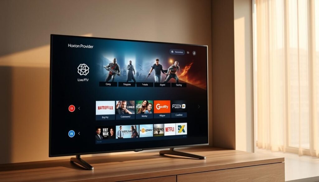 A sleek and modern 4K IPTV streaming service interface, showcasing the Hoxtoon Provider brand. In the foreground, a high-resolution display highlights live TV channels, on-demand content, and a user-friendly navigation menu. The middle ground features a subtly animated background, blending seamless transitions between various entertainment mediums. The overall atmosphere conveys a sense of technological sophistication and immersive viewing experience, complemented by warm, natural lighting and a minimalist design aesthetic. The image should evoke a feeling of the evolution and advancement of television entertainment.