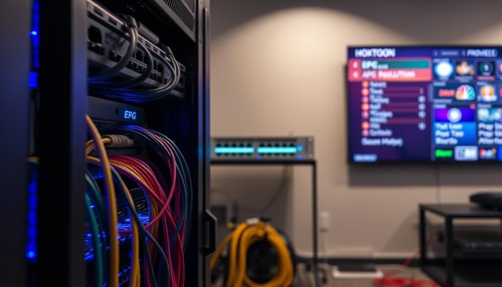 A sleek and modern 4K IPTV technical infrastructure. In the foreground, a state-of-the-art Hoxtoon Provider server rack, its metal chassis glowing with a soft blue light. Cables of various colors snake neatly through the rack, connecting intricate components. In the middle ground, a network switch with multiple ethernet ports, its indicator lights blinking in a rhythmic pattern. In the background, a wall-mounted display showcases a 4K resolution EPG (Electronic Program Guide), its vibrant colors and crisp typography highlighting the seamless viewing experience. The overall scene conveys a sense of technological sophistication and efficiency, perfectly suited to illustrate the capabilities of a 4K IPTV system.