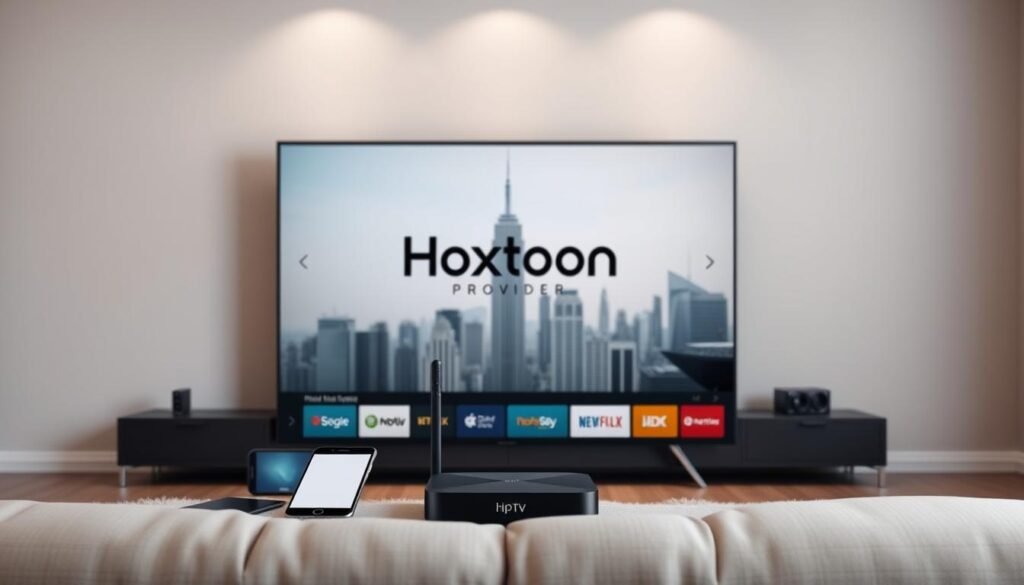 A sleek and modern IPTV streaming service interface, featuring the Hoxtoon Provider brand displayed prominently. In the foreground, a living room setup with a large 4K television screen, surrounded by various connected devices such as smartphones, tablets, and a wireless streaming box. The middle ground showcases a minimalist, intuitive user interface with clean lines, vivid colors, and easy-to-navigate menus. The background depicts a cityscape with towering skyscrapers, reflecting the technological advancements that have revolutionized television viewing experiences. Soft, diffused lighting creates a warm and inviting atmosphere, emphasizing the seamless integration of IPTV technology into modern living spaces.