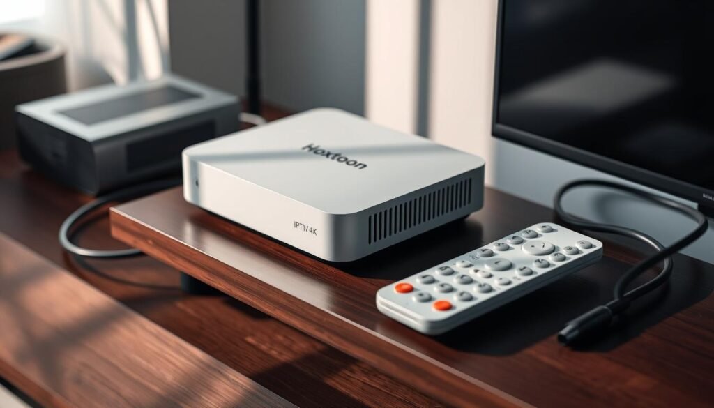 A sleek and modern IPTV4K setup, featuring a Hoxtoon Provider device with a clean, minimalist design. The device sits atop a dark wood surface, surrounded by other essential components - a high-speed modem, a smart remote, and neatly organized cables. Soft, directional lighting illuminates the scene, casting subtle shadows and highlighting the premium materials and finishes. The overall atmosphere exudes a sense of technological sophistication and seamless home entertainment integration.