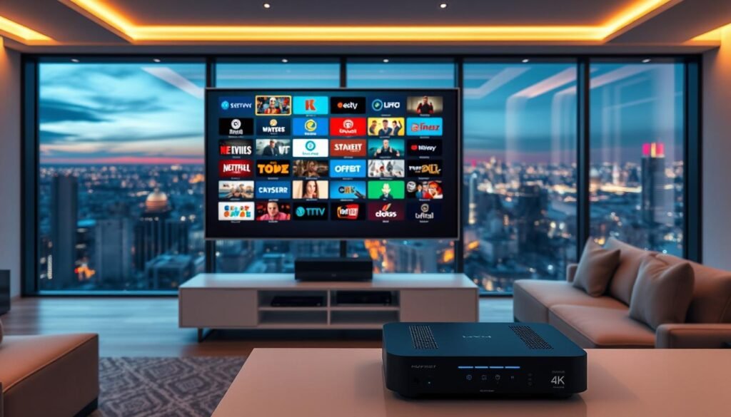 A sleek and modern interior space with a large 4K television screen displaying a live feed of various IPTV channels. The room is bathed in warm, ambient lighting from hidden sources, creating a cozy and inviting atmosphere. In the foreground, a high-end Hoxtoon Provider streaming box sits prominently on a minimalist entertainment unit, its elegant design complementing the overall aesthetic. The middle ground features comfortable seating arrangements, allowing viewers to immerse themselves in the IPTV experience. The background showcases large windows that offer a panoramic view of a vibrant cityscape, emphasizing the connection between the digital world and the real one.