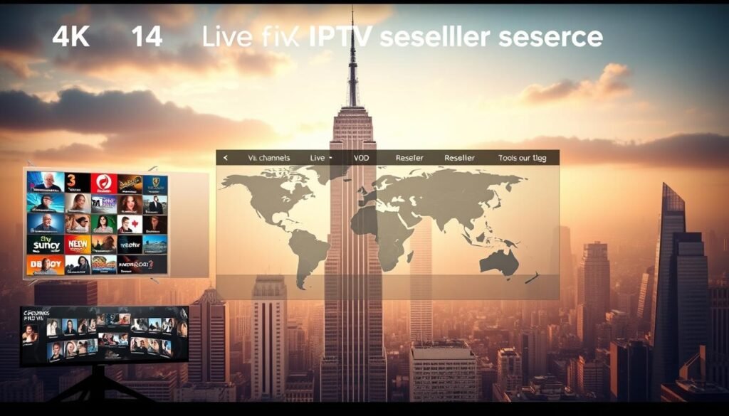 A sleek and professional 4K live IPTV reseller business model with the Hoxtoon Provider brand. In the foreground, a modern interface displays live channels, VOD, and reseller management tools. The middle ground showcases a world map, highlighting the global reach of the service. The background features a cityscape with towering skyscrapers, symbolizing the scale and sophistication of the IPTV operation. Soft lighting creates a warm, inviting atmosphere, while a cinematic camera angle emphasizes the comprehensive nature of the Hoxtoon Provider platform. The overall composition conveys the power, reliability, and cutting-edge technology of this 4K live IPTV reseller business.