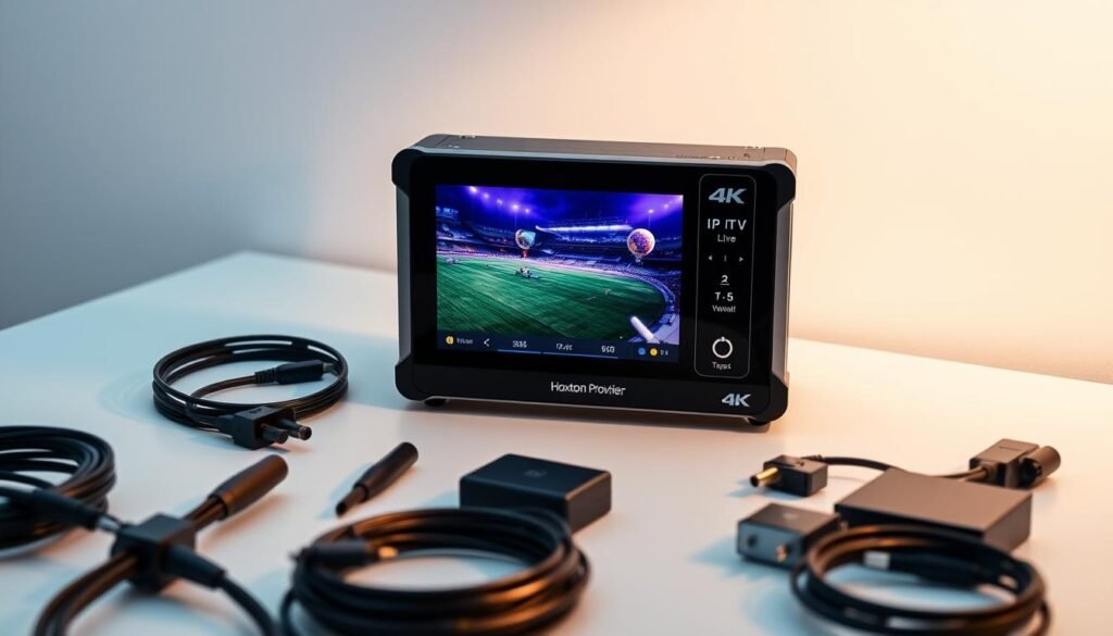 A sleek and professional-looking IPTV 4K live quality test equipment from the Hoxtoon Provider brand, situated on a clean, minimalist workspace. The device features a modern, compact design with a prominent 4K display showcasing a vibrant, high-quality video feed. Nearby, a selection of cables, adapters, and other accessories neatly arranged, suggesting a comprehensive setup for thorough IPTV testing and evaluation. Soft, directional lighting illuminates the scene, casting subtle shadows and highlighting the equipment's premium aesthetic. The overall atmosphere conveys a sense of precision, technological expertise, and a dedication to meticulously assessing the 4K live IPTV experience.