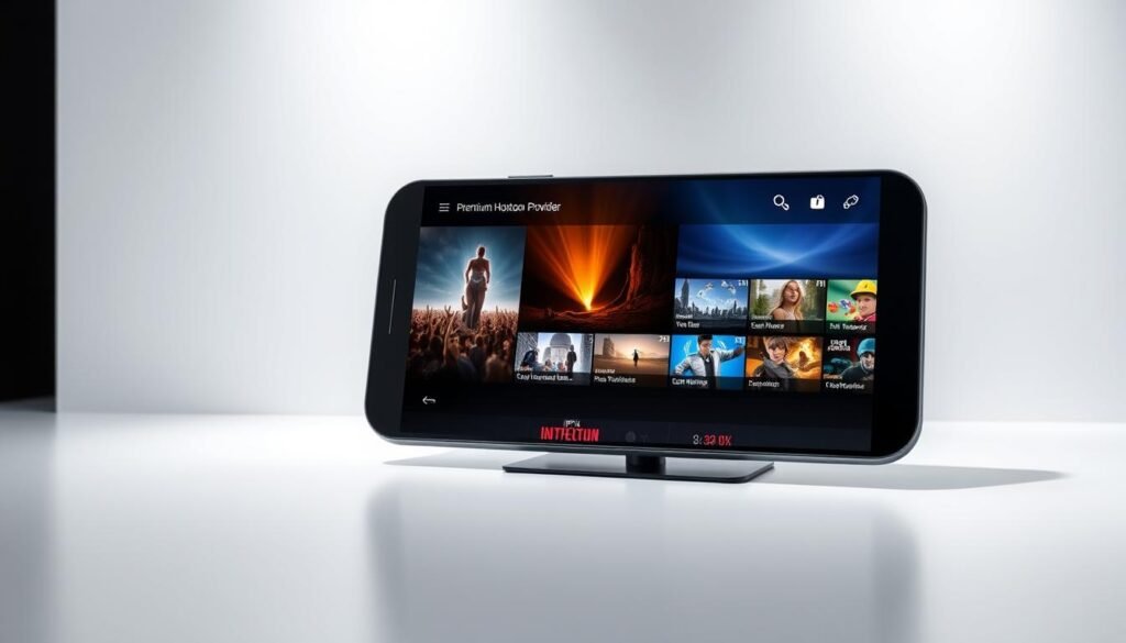 A sleek android device displaying a 4K live IPTV interface, showcasing the premium Hoxtoon Provider service. The device is positioned in a modern, minimalist setting with clean lines and subtle lighting. The screen displays vibrant, high-quality video streams, highlighting the power and versatility of the android platform for IPTV streaming. The overall scene conveys a sense of technological sophistication and the seamless integration of the Hoxtoon Provider service with the android ecosystem.