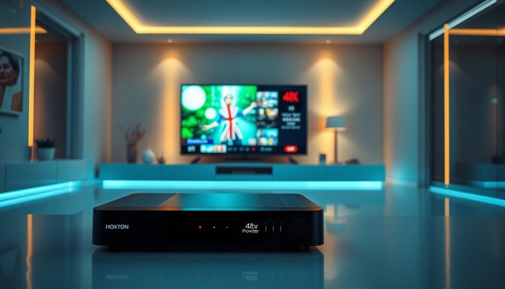 A sleek, futuristic interior showcasing the evolution of television technology. In the foreground, a cutting-edge 4K IPTV set-top box from Hoxtoon Provider sits prominently, its modern design and LED indicators hinting at the advanced capabilities within. The middle ground features a 4K IPTV display, its screen filled with a vivid, high-resolution live feed of a UK television channel. In the background, a minimalist living room setup with a cozy, ambient lighting scheme creates a contemporary, tech-savvy atmosphere. The entire scene conveys the seamless integration of 4K IPTV technology into the modern home, reflecting the transition from traditional cable to the future of television.