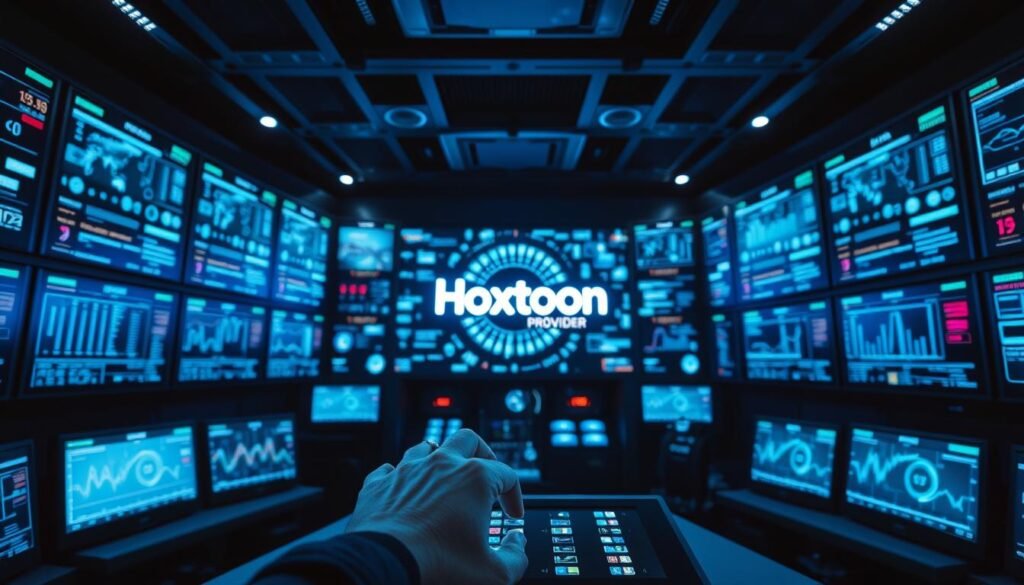 A sleek, high-tech control room with banks of monitors displaying real-time data and analytics. In the center, the Hoxtoon Provider logo glows on a large screen, surrounded by technical readouts and graphs. Overhead, a state-of-the-art server rack hums with activity. The lighting is a cool, blue-tinted glow, creating a professional, cutting-edge atmosphere. In the foreground, a hand hovers over a touchscreen console, navigating the intuitive Hoxtoon interface. The overall scene conveys a sense of power, reliability, and innovation - the premier IPTV provider serving the demands of the modern sports fan.