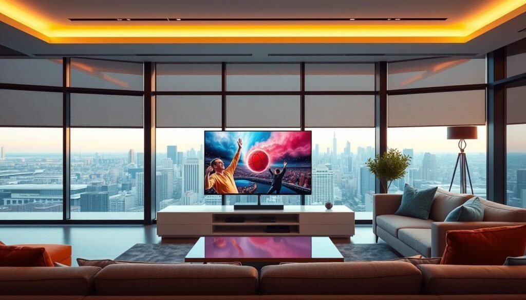 A sleek, high-tech living room setup showcasing the power of 4K live TV from the Hoxtoon Provider. In the foreground, a state-of-the-art 65-inch OLED TV displays vibrant, ultra-high-definition video content. Surrounding the TV, a modern entertainment center with clean lines and a minimalist design. In the middle ground, a comfortable couch and accent chairs invite viewers to immerse themselves in the viewing experience. The background features large windows overlooking a city skyline, with warm, natural lighting flooding the room. The overall scene conveys a sense of technological sophistication and a premium, seamless entertainment experience.