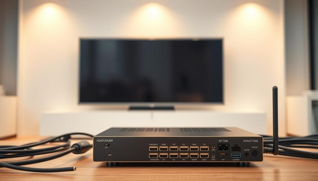 A sleek, modern 4K IPTV streaming hardware setup, featuring the Hoxtoon Provider device. In the foreground, the Hoxtoon Provider stands prominently, its minimalist design and metallic finish gleaming under warm, directional lighting. The middle ground showcases various cables and ports, neatly organized and color-coded, representing the connectivity options for a seamless 4K streaming experience. In the background, a clean, minimalist interior with neutral tones provides a complementary backdrop, emphasizing the technological focus of the scene. The overall mood is one of efficiency, sophistication, and high-quality 4K IPTV performance.