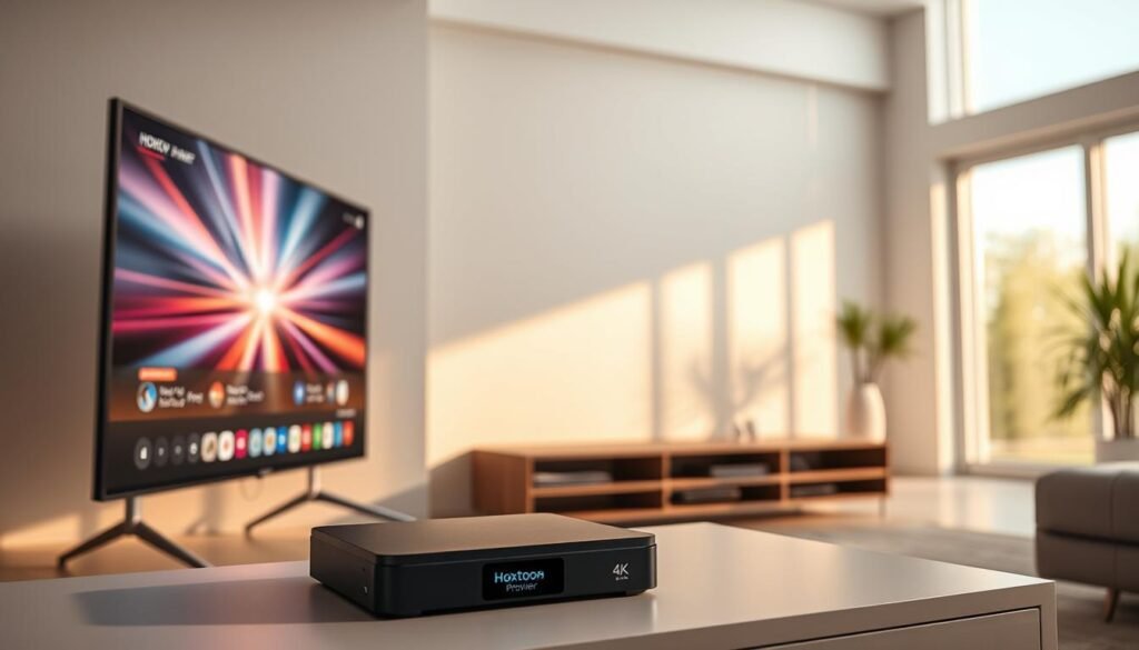 A sleek, modern IPTV setup with the Hoxtoon Provider brand prominently displayed. In the foreground, a 4K smart TV displays dynamic real-time content, while in the middle ground, a compact IPTV set-top box sits atop a minimalist entertainment unit. The background showcases a minimalist, contemporary living room with large windows allowing natural light to flow in, creating a warm, inviting atmosphere. The overall scene conveys the evolution of television from traditional cable to the seamless, high-quality IPTV experience.