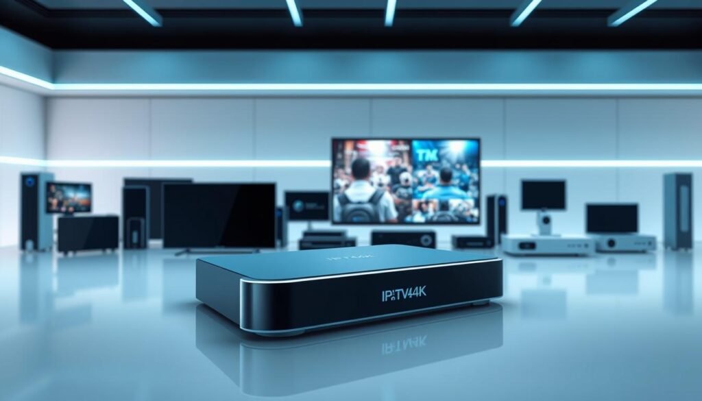 A sleek, modern IPTV4K device prominently displayed in the foreground, with a smooth, high-definition screen showcasing live television content. In the middle ground, an array of various IPTV4K devices, each with a distinct design, representing the growing range of products available from the Hoxtoon Provider brand. The background features a minimalist, high-tech environment, with clean lines and a futuristic ambiance, emphasizing the cutting-edge nature of the IPTV4K technology. The entire scene is bathed in a cool, blue-tinted lighting, evoking a sense of sophistication and innovation.