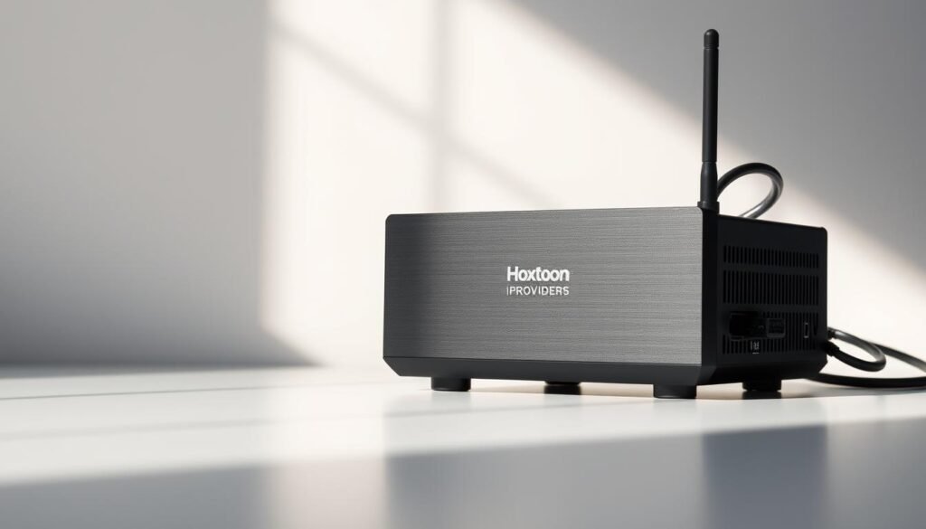 A sleek, modern MAG box IPTV device positioned prominently on a minimalist surface, illuminated by soft, natural lighting. The box's matte black exterior reflects the high-quality, premium build, while the Hoxtoon Provider logo on the front panel denotes its capabilities. Cables and connectors emerge from the rear, hinting at the device's versatile connectivity options. The image exudes a sense of technological sophistication, perfectly capturing the essence of "Understanding MAG Boxes and Their Capabilities" within the context of the article's subject.