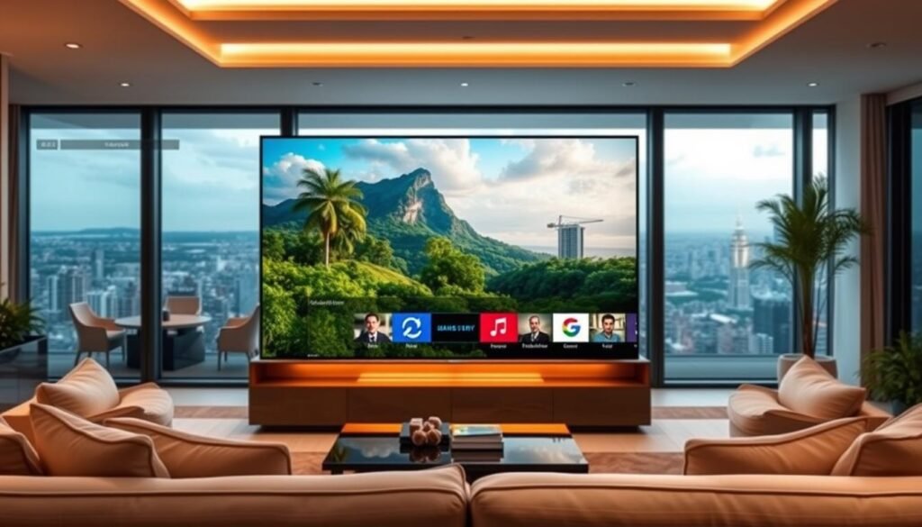 A sleek, modern Samsung Smart TV displays the intuitive Hoxtoon Provider IPTV4K interface, showcasing a vibrant 4K live television experience. In the foreground, the TV screen presents a captivating nature documentary, the lush greens and blues of a tropical landscape filling the frame. Surrounding the TV, a well-appointed living room with plush furnishings and warm lighting creates a cozy, immersive atmosphere. In the background, a large window offers a scenic view of a bustling cityscape, reflecting the seamless integration of cutting-edge technology and luxurious home decor. The lighting is soft and diffused, emphasizing the sleek, modern design of the TV and the room. The overall scene conveys a sense of effortless sophistication and the ultimate in home entertainment.