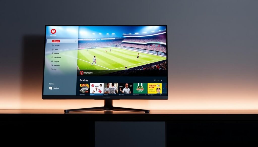 A sleek, modern Windows desktop displaying a vibrant, 4K IPTV interface from the Hoxtoon Provider. The screen is crisp and clear, showcasing a live sports event in stunning detail. Subtle lighting highlights the clean lines of the device, creating a professional, technology-forward atmosphere. The minimalist design and uncluttered layout emphasize the revolutionary nature of 4K IPTV on Windows, making it an elegant and seamless multimedia experience.