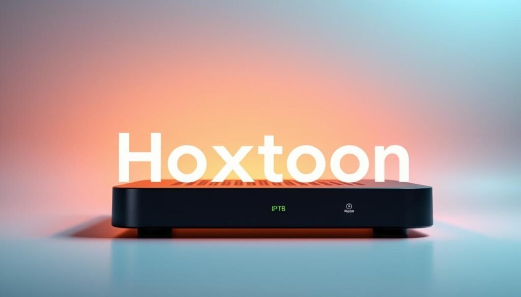 A sleek, modern design showcasing the Hoxtoon Provider brand in a clean, minimalist style. The foreground features the Hoxtoon logo prominently displayed, with a soft glow and subtle 3D depth. The middle ground shows a high-quality IPTV set-top box or streaming device, rendered in smooth metallic tones. The background has a subtle gradient, creating a sense of depth and emphasizing the brand's professionalism and technical capabilities. Warm, ambient lighting accentuates the premium feel, with highlights and shadows adding depth and dimension. The overall composition conveys Hoxtoon's position as America's premier IPTV provider, exuding quality, reliability, and a cutting-edge, user-friendly service.
