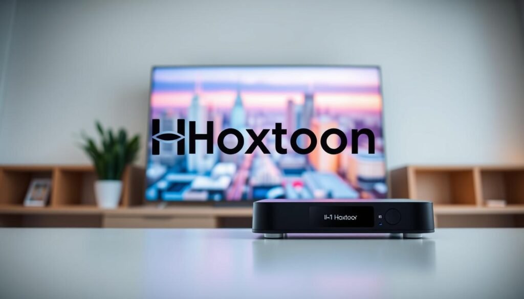 A sleek, modern interface featuring the Hoxtoon Provider logo prominently displayed, surrounded by a clean, minimalist design. In the foreground, a high-quality, detailed image of a streaming media player or set-top box, showcasing the brand's hardware. The middle ground features a crisp, high-resolution image of a 4K television screen displaying live, vibrant IPTV content. The background is a softly blurred cityscape, conveying a sense of urban sophistication. The lighting is bright and natural, creating a professional, inviting atmosphere. The overall composition is balanced and visually striking, highlighting Hoxtoon Provider's status as a premium IPTV service.