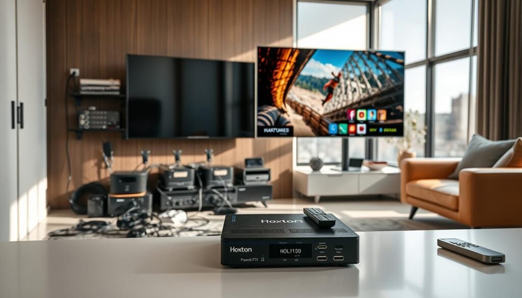A sleek, modern interior with a prominently displayed 4K IPTV setup. In the foreground, a Hoxtoon Provider set-top box is connected to a high-end 4K TV, showcasing the vivid, lifelike image quality. The middle ground features various networking equipment, cables, and remote controls, emphasizing the technical complexity of the IPTV infrastructure. In the background, a large window provides natural lighting, creating a bright and airy atmosphere. The overall scene conveys the advanced technology and seamless user experience of the 4K IPTV live app.