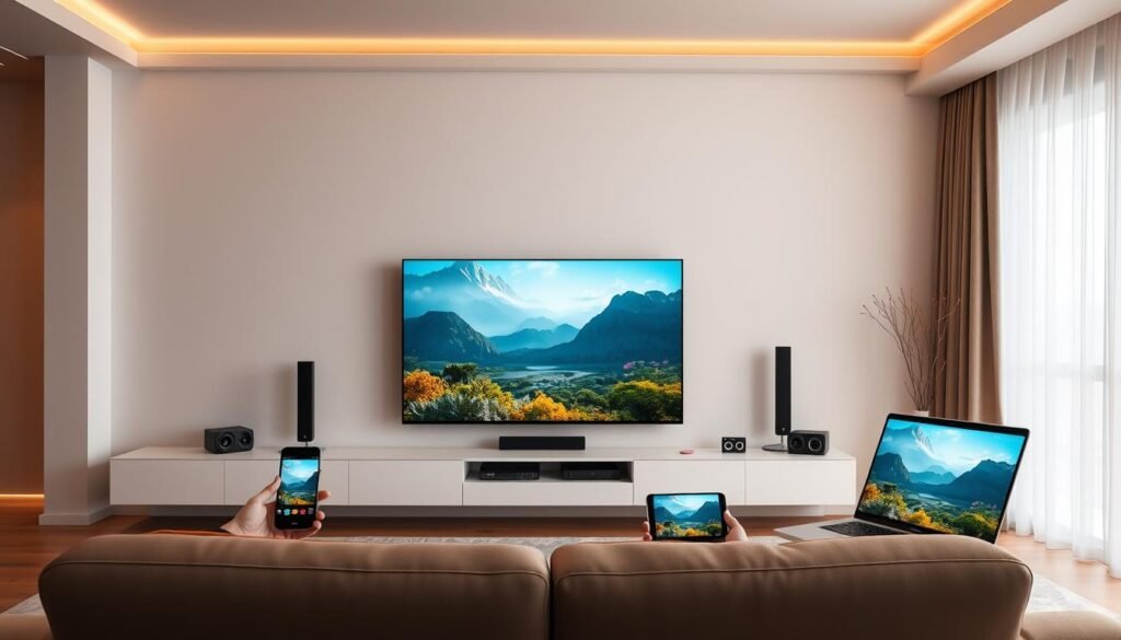 A sleek, modern living room featuring multiple smart devices displaying the Hoxtoon Provider IPTV4K streaming service. A large flatscreen TV takes center stage, its screen filled with a vibrant nature documentary. Surrounding it, a tablet, smartphone, and laptop all showcase the same captivating 4K content, highlighting the seamless multi-device capabilities of the Hoxtoon IPTV4K platform. Warm, indirect lighting casts a cozy glow, while clean, minimalist furnishings create an elegant, technology-forward atmosphere. The room's occupants are absent, allowing the focus to remain solely on the immersive, high-quality IPTV4K experience.