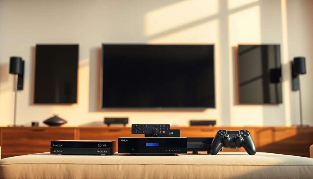 A sleek, modern living room with a large, 4K-compatible smart TV mounted on the wall. In the foreground, various streaming devices are neatly arranged, including a Hoxtoon Provider box, a media player, and a gaming console. The room is bathed in warm, natural lighting, creating a cozy and inviting atmosphere. The devices are showcased against a minimalist background, allowing them to take center stage and highlight their 4K live IPTV capabilities. The overall composition conveys a sense of advanced home entertainment technology and the ability to stream high-quality, live IPTV content.