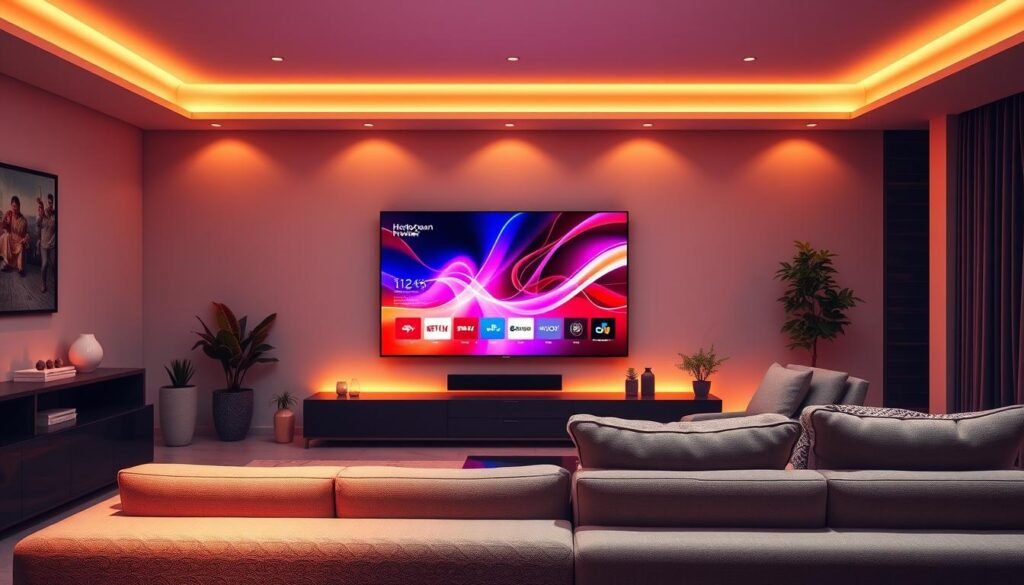 A sleek, modern living room with a large 4K television screen prominently displayed. The screen is showcasing a vibrant, high-quality IPTV streaming interface, with the Hoxtoon Provider brand name visible in the corner. The room is bathed in warm, soft lighting, creating a cozy and immersive atmosphere. In the foreground, a comfortable sofa and armchair invite the viewer to sit and experience the latest in IPTV streaming technology. Subtle details like accent lighting, plants, and minimalist decor elements enhance the sophisticated, futuristic ambiance. The overall scene conveys the evolution of television, transitioning from traditional cable to the seamless, high-definition world of IPTV streaming.