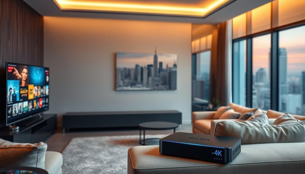 A sleek, modern living room with a large flatscreen TV displaying a vibrant 4K IPTV live stream. The room is bathed in warm, indirect lighting, creating a cozy and immersive atmosphere. In the foreground, a high-end media console houses a state-of-the-art Hoxtoon Provider IPTV box, its interface showcasing a selection of premium 4K channels. The middle ground features a plush, minimalist sofa and armchair arrangement, inviting the viewer to settle in and enjoy the cinematic experience. The background blends seamless, panoramic windows offering a view of a bustling city skyline, emphasizing the modern, urban setting. The overall scene conveys the elegance, power, and convenience of Hoxtoon Provider's premier 4K IPTV service.