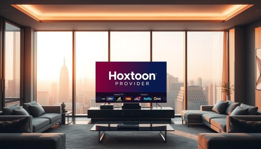 A sleek, modern living room with floor-to-ceiling windows overlooking a cityscape. In the center, a large OLED television displays the Hoxtoon Provider logo, showcasing its 4K IPTV live channels. The room is bathed in warm, diffused lighting, creating a cozy and inviting atmosphere. The television is the focal point, surrounded by minimal, contemporary furniture and decor. The scene conveys the evolution of television, from traditional cable to the seamless digital streaming experience offered by Hoxtoon Provider.
