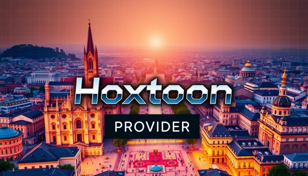A sleek, modern logo for the "Hoxtoon Provider" brand, set against a backdrop of a vibrant, colorful European cityscape. In the foreground, the Hoxtoon logo stands out prominently, with sharp, angular lettering in a bold, eye-catching font. The logo is rendered in a metallic, high-contrast palette, creating a sense of sophistication and technical prowess. In the middle ground, the cityscape is filled with iconic European landmarks, such as towering cathedrals, bustling plazas, and sleek, contemporary architecture. The scene is bathed in warm, golden lighting, conveying a sense of energy and vibrancy. In the background, a subtle grid pattern or data visualization elements allude to the advanced technology and infrastructure that powers the Hoxtoon IPTV service. The overall composition should evoke a feeling of cutting-edge technology, global reach, and the promise of a premium, immersive viewing experience.