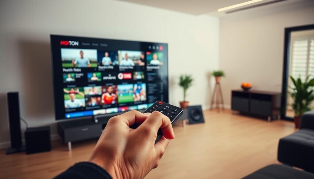 A sleek, modern office setting with a large monitor displaying various sports channels and live IPTV feeds. In the foreground, a hand holding a remote control, showcasing the intuitive interface of the Hoxtoon Provider IPTV service. The mid-ground features a laptop or tablet, emphasizing the cross-device compatibility. The background showcases a minimalist, well-lit space with clean lines and subtle sports-themed decor, creating a professional and sophisticated atmosphere. The lighting is warm and natural, highlighting the high-quality 4K video streams and the overall premium feel of the Hoxtoon Provider IPTV experience.