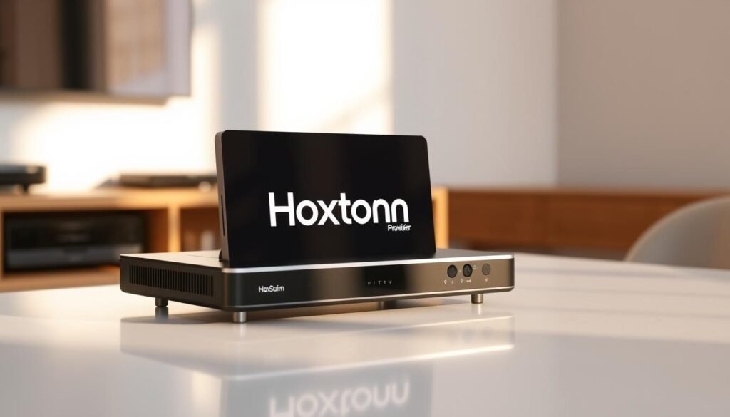A sleek, premium-looking IPTV set-top box prominently displaying the "Hoxtoon Provider" brand logo sits on a modern, minimalist table. The device is surrounded by a clean, well-lit environment with subtle shadows and warm, natural lighting, conveying a sense of high-quality and reliability. The frame showcases the box's streamlined design, high-end materials, and cutting-edge 4K streaming capabilities, subtly suggesting its market-leading position in the USA. The overall composition and aesthetic evoke a professional, trustworthy, and technologically advanced IPTV service.