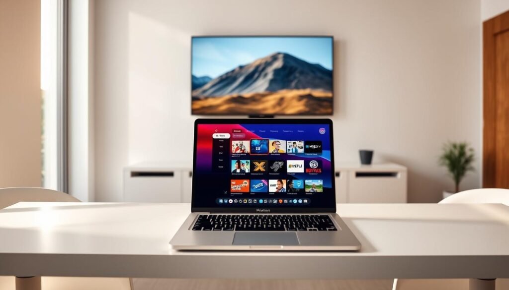 A sleek, silver MacBook Pro rests on a minimalist desk, its display showcasing a vibrant, seamless IPTV interface from the Hoxtoon Provider. The room is bathed in warm, natural lighting, creating a serene, productive atmosphere. In the background, a large 4K display mounted on the wall displays crisp, high-quality video, immersing the viewer in the ultimate Mac-compatible streaming experience. The clean, uncluttered design and premium materials evoke a sense of sophistication and technological prowess, perfectly reflecting the needs of discerning Mac users seeking a specialized IPTV solution.