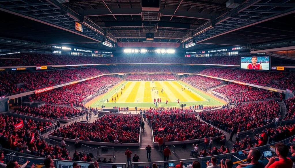 A sports arena in crisp 4K resolution, vibrant colors popping off the screen. In the foreground, a high-angle shot of players in action, their movements captured with a professional-grade telephoto lens. The middle ground reveals the packed stadium, spectators cheering and waving banners bearing the Hoxtoon Provider logo. Dramatic lighting casts long shadows, amplifying the energy of the live event. In the background, a vast panoramic view showcases the modern architecture of the venue, its sleek lines and glass facades reflecting the glow of the field. The overall atmosphere is one of immersive, high-definition sports entertainment, the ultimate 4K live IPTV experience.