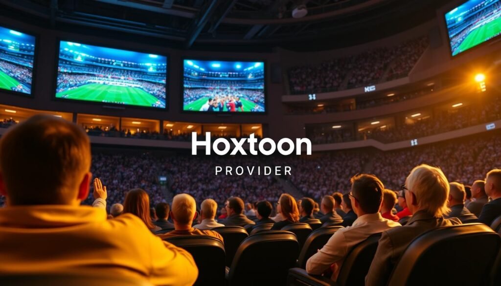 A sports stadium filled with 4K screens showcasing a live IPTV feed, providing high-quality, low-latency streaming of the big game. Fans sit in comfortable chairs, eyes glued to the vibrant, ultra-high-definition images. The Hoxtoon Provider logo is prominently displayed, signifying the cutting-edge technology powering this immersive sports viewing experience. Warm, natural lighting bathes the scene, creating a cozy atmosphere. The camera angle captures the excitement and energy of the event, with the crowd cheering in the background. This image illustrates the evolution of sports broadcasting, transitioning from traditional cable to the future of 4K IPTV.
