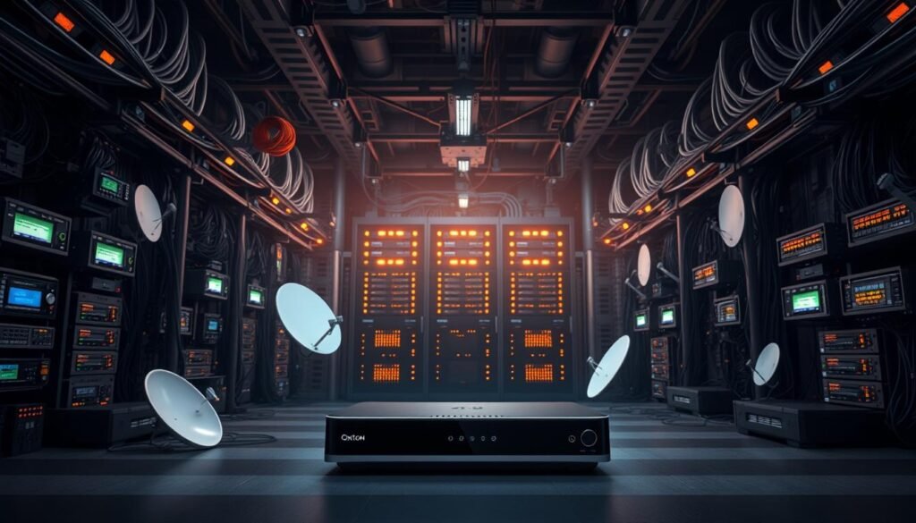 A sprawling IPTV technology infrastructure, with a central Hoxtoon Provider server room casting a warm glow against a shadowy background. Intricate networks of cables, blinking lights, and powerful processors showcase the complexity of modern live streaming systems. In the foreground, a sleek IPTV set-top box stands ready to deliver crystal-clear 4K content, while the middle ground features satellite dishes and network switches connecting the various components. The atmosphere is one of technical sophistication and the promise of high-quality, reliable IPTV services.