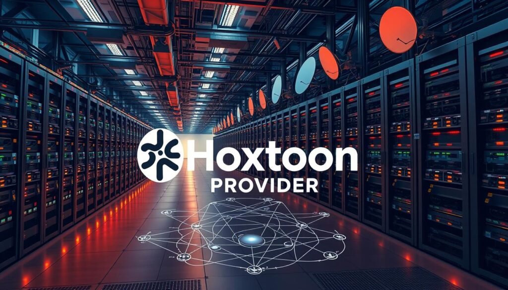 A sprawling data center backdrop with rows of server racks, blinking lights, and cooling units. In the foreground, a bold logo for "Hoxtoon Provider" dominates the scene, surrounded by intricate network diagrams, fiber optic cables, and satellite dishes. The lighting is dramatic, with warm tones and shadows highlighting the technical complexity. The overall atmosphere conveys the scale, reliability, and cutting-edge technology powering Hoxtoon's robust IPTV service infrastructure, delivering 4K live channels to countless homes across America.