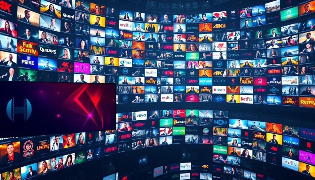 A sprawling digital landscape of 4K live streaming channels, each pulsing with vibrant colors and crisp detail. In the foreground, a sleek Hoxtoon Provider interface dominates the scene, its intuitive design and vivid thumbnails beckoning the viewer to explore a world of endless entertainment. The middle ground features a tapestry of dynamic program icons, each one a gateway to a unique realm of 4K content, from the latest blockbusters to captivating live events. The background is a mesmerizing array of shimmering, high-resolution media, casting a warm, cinematic glow over the entire composition. Soft, diffused lighting and a subtle depth of field create a sense of depth and immersion, inviting the viewer to step into this immersive IPTV4K Live with Catch-Up experience.