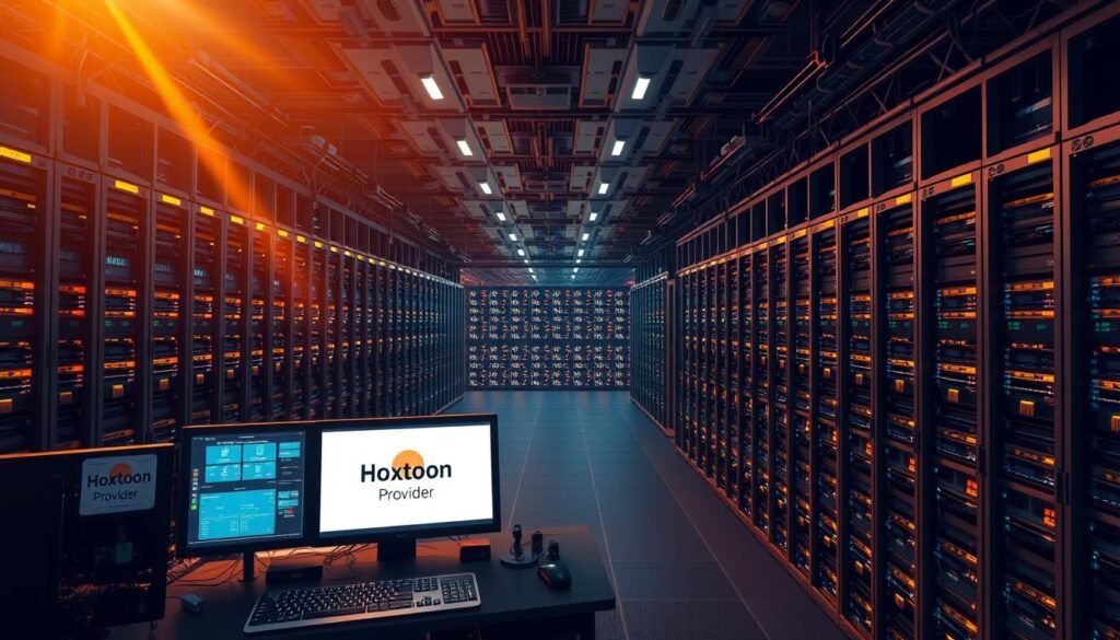 A sprawling, futuristic IPTV server infrastructure, with rows of sleek, high-performance racks humming with activity. In the foreground, a central control panel with a glowing display showcases the Hoxtoon Provider brand, surrounded by an array of monitors and input/output terminals. Warm, focused lighting illuminates the scene, casting dramatic shadows and highlighting the intricate cabling and cooling systems. The middle ground features a matrix of interconnected servers, their status indicators pulsing with real-time data. In the background, a vast data center stretches out, filled with the faint glow of LED indicators and the subtle vibration of powerful hardware. The overall atmosphere is one of cutting-edge technology, efficiency, and the reliable backbone of the Hoxtoon IPTV service.