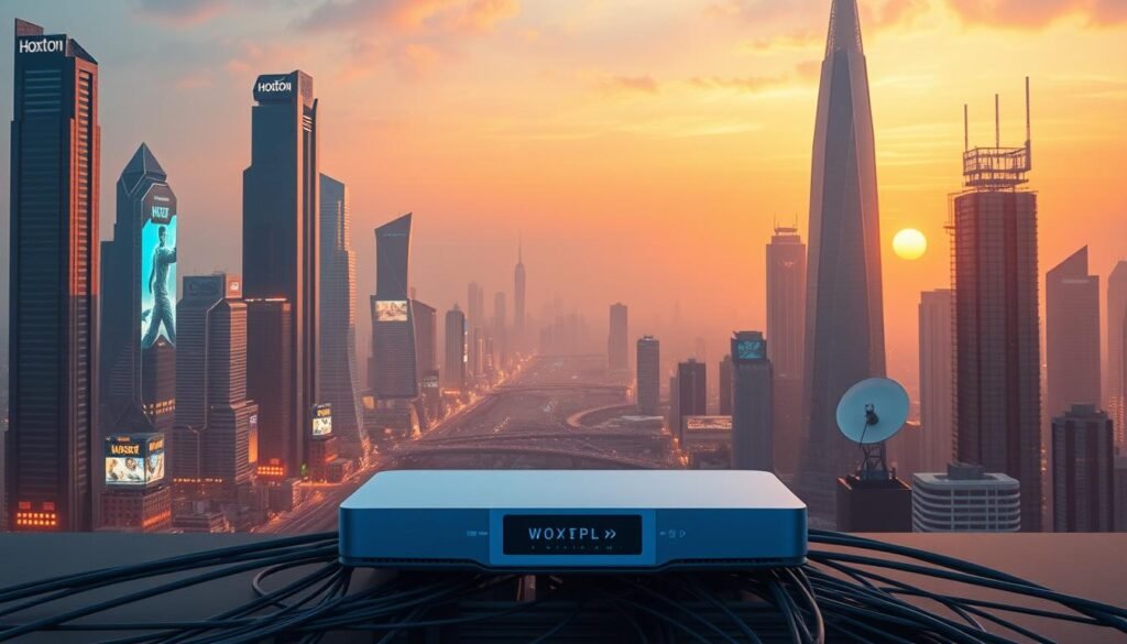 A sprawling futuristic cityscape, with towering skyscrapers and glowing holographic billboards. In the foreground, a sleek, modern IPTV device, the Hoxtoon Provider, stands prominently, its minimalist design and glowing interface conveying the cutting-edge technology that powers the service. The middle ground is dominated by a network of cables and satellite dishes, representing the complex infrastructure that enables high-quality, uninterrupted 4K live streaming. The background is a hazy, atmospheric scene, with a vibrant sunset casting warm hues across the urban landscape, creating a sense of progress and technological advancement. The overall mood is one of innovation, sophistication, and the seamless integration of digital entertainment into modern living.