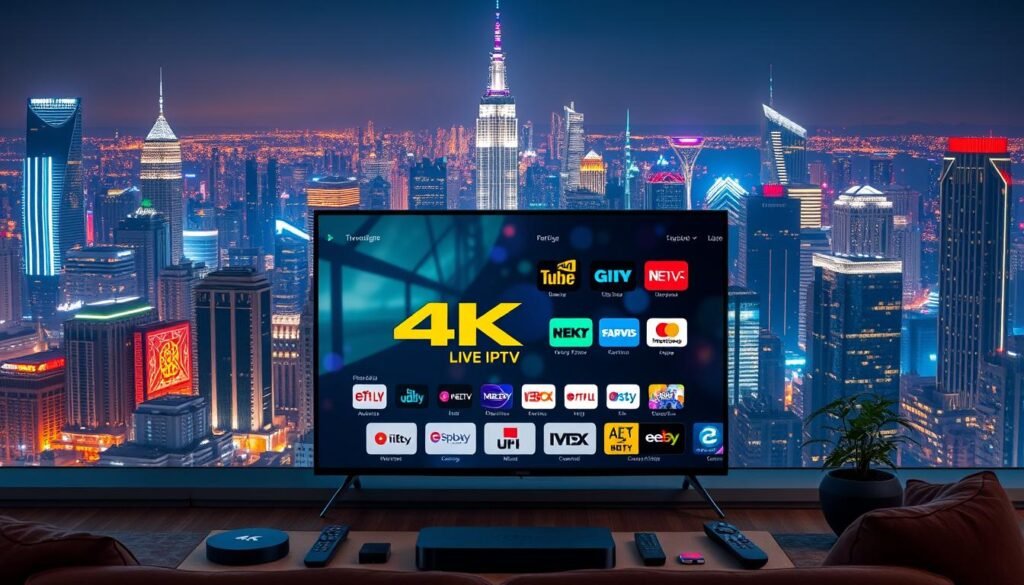 A sprawling metropolis at night, neon-lit skyscrapers pierce the sky, their windows shimmering with the glow of Hoxtoon Provider's 4K IPTV channels. In the foreground, a sleek, modern living room setup showcases a large, high-definition TV displaying vibrant, crystal-clear 4K content. Surrounding the TV are various streaming devices and remotes, symbolizing the convenience and accessibility of 4K Live IPTV. The middle ground features a stylized, minimalist interface with channel logos and program information, hinting at the vast selection of 4K channels available. The background is a serene, urban cityscape, bathed in a warm, cinematic lighting that evokes a sense of entertainment and technological innovation.