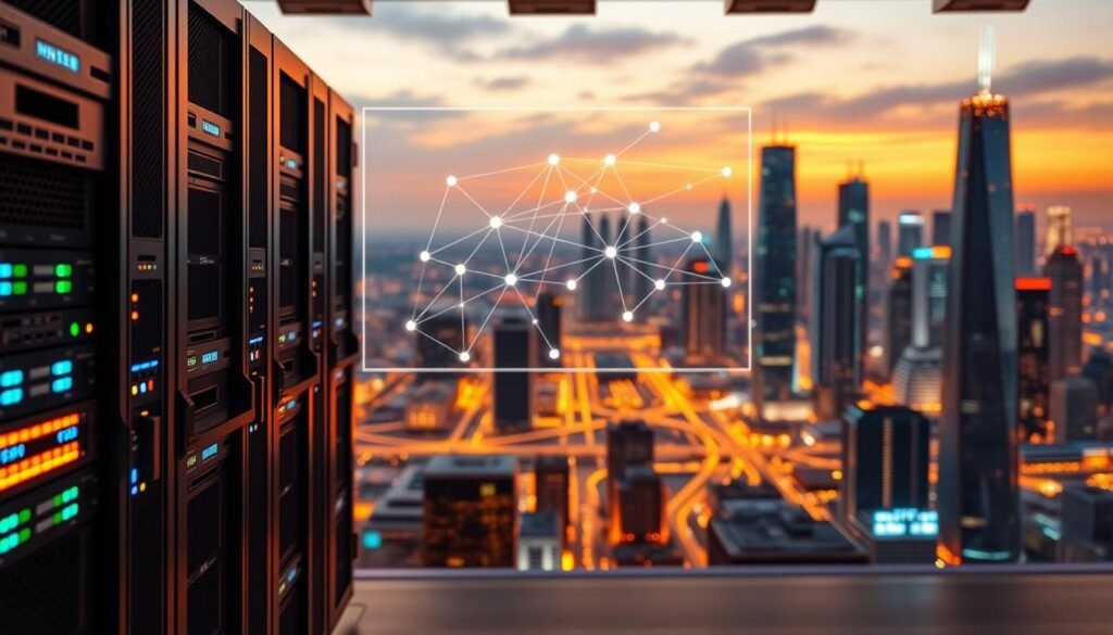A state-of-the-art IPTV streaming service infrastructure, showcasing the Hoxtoon Provider network. In the foreground, a sleek media server rack with blinking lights and cooling fans, symbolizing the powerful computing resources. The middle ground features a network diagram with interconnected nodes, routers, and switches, illustrating the intricate web of data transmission. In the background, a futuristic cityscape with skyscrapers and glowing fiber-optic cables, representing the vast reach and reliability of the Hoxtoon Provider's fiber-optic backbone. The scene is illuminated by a warm, amber-tinted lighting, conveying a sense of technological sophistication and reliability.