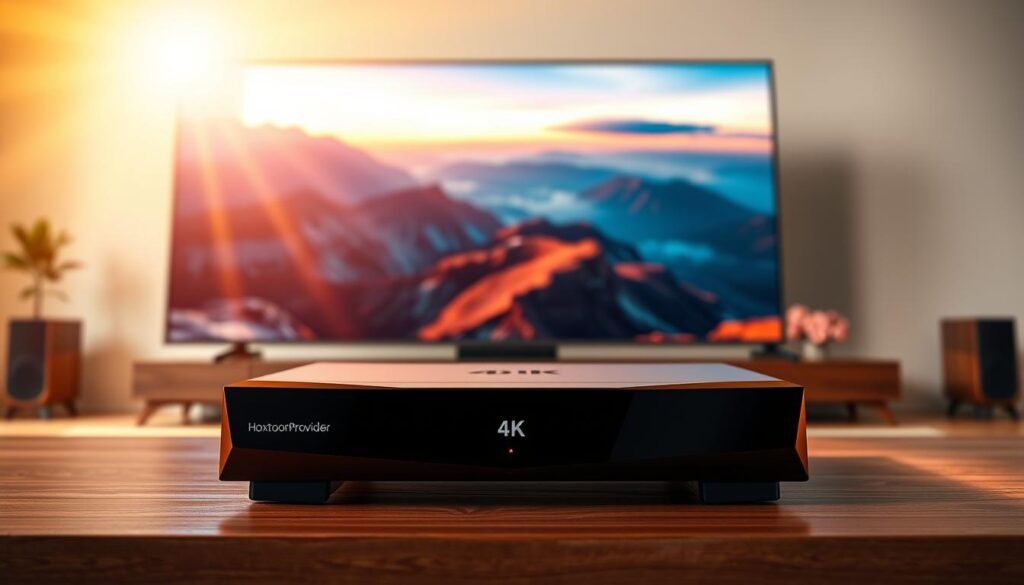 A striking 4K IPTV display, illuminated by warm, natural lighting and captured with a wide-angle lens. In the foreground, a sleek Hoxtoon Provider set-top box, its sharp edges and glossy finish reflecting the vibrant colors of the 4K content it delivers. In the middle ground, an expansive 4K TV screen, showcasing a breathtaking landscape or action sequence, its high resolution and vivid hues drawing the viewer in. The background features a minimalist, modern interior design, with clean lines and neutral tones that complement the technology on display. The overall scene conveys the benefits of 4K IPTV - immersive visuals, advanced technology, and seamless integration into the home environment.
