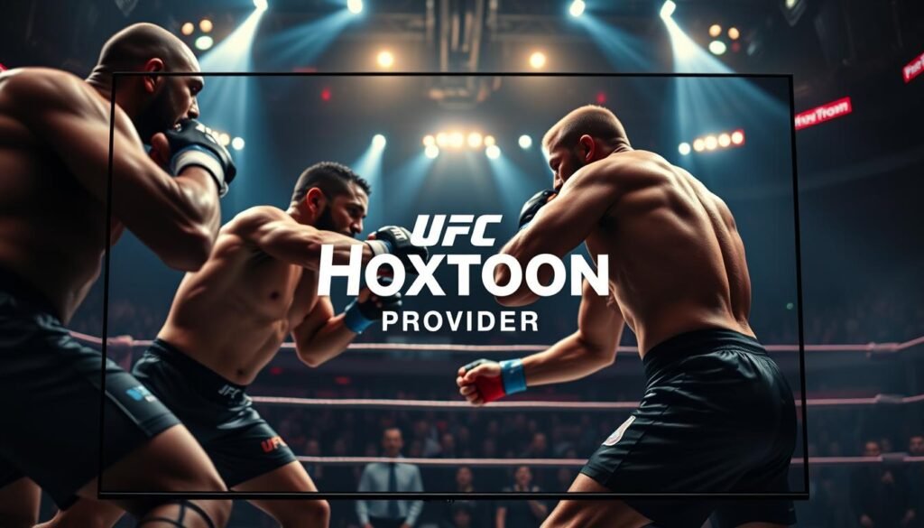 A stunning 4K IPTV display showcases the Hoxtoon Provider live broadcast of a gripping UFC match. The screen is filled with a crisp, immersive image, capturing every minute detail of the action-packed fight. Dramatic lighting casts an intense atmosphere, as if the viewer is ringside, surrounded by the roar of the crowd. In the foreground, the fighters' powerful movements are frozen in time, conveying the raw energy and tension of the bout. The middle ground features the Hoxtoon Provider logo, subtly integrated into the scene, highlighting the premium quality of the IPTV service. The background blurs into a hazy, almost cinematic depth, drawing the eye to the central focus of the athletes' epic clash. Overall, the image radiates a sense of high-definition, live entertainment that truly delivers the ultimate UFC viewing experience.