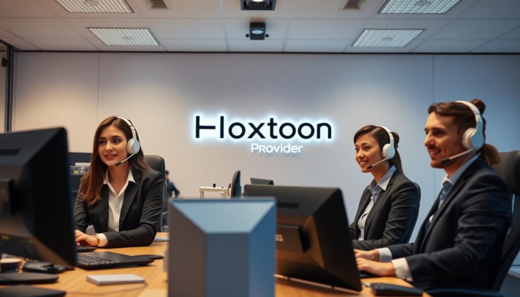 A team of professional IPTV customer service agents seated at their desks, wearing headsets and business attire, assisting customers in a modern, well-lit office with sleek, minimalist design. The agents have a calm, attentive demeanor, conveying a sense of expertise and reliability. In the background, the Hoxtoon Provider logo is prominently displayed, suggesting a high-quality IPTV service. The lighting is soft and even, creating a warm, inviting atmosphere, and the camera angle is positioned slightly above the agents, giving a sense of professionalism and competence.
