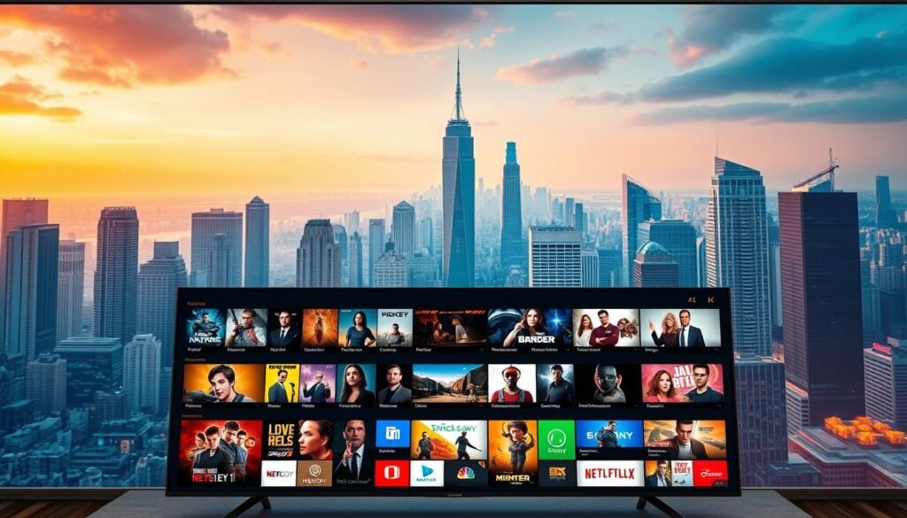 A vast array of 4K entertainment options unfolds before the viewer, showcasing the content variety of an IPTV4K service. In the foreground, a sleek smart TV displays a diverse selection of live TV channels, blockbuster movies, and captivating documentaries. The middle ground features an array of streaming apps and platforms, offering a seamless integration of on-demand content. In the background, a vibrant cityscape with towering skyscrapers and neon lights sets the scene, hinting at the global reach and technological sophistication of the Hoxtoon Provider IPTV4K service. Soft, warm lighting and a cinematic composition create a immersive, high-quality viewing experience.