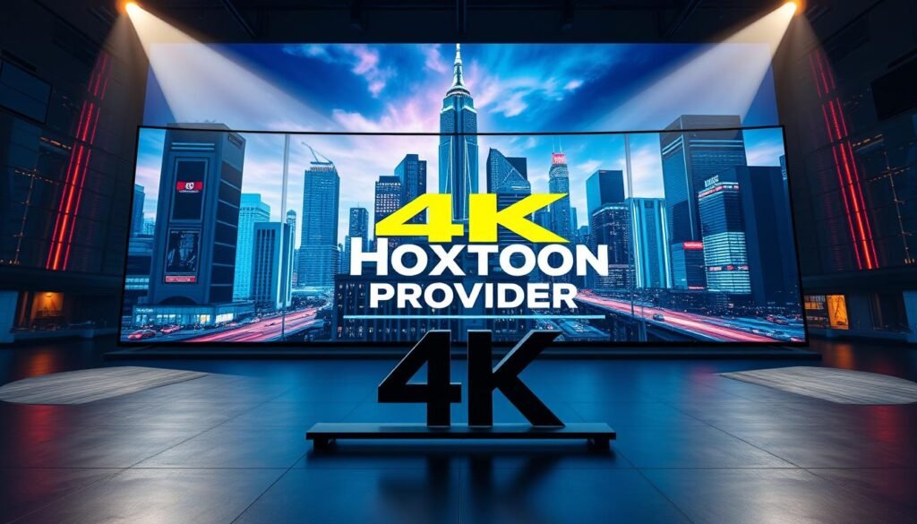 A vast, vibrant 4K display showcases the captivating power of high-resolution streaming. In the foreground, the Hoxtoon Provider logo stands as a beacon of cutting-edge technology, its sleek design and bold typography commanding attention. The middle ground features a 4K video player interface, its crisp visuals and seamless playback evoking a sense of immersion. In the background, a futuristic cityscape of towering skyscrapers and glowing neon lights sets the stage for a thoroughly modern, visually stunning experience. Dramatic lighting casts long shadows and highlights the display's vivid colors, creating a sense of depth and visual drama. The overall atmosphere is one of awe-inspiring technological prowess, poised to transform the future of live television viewing.